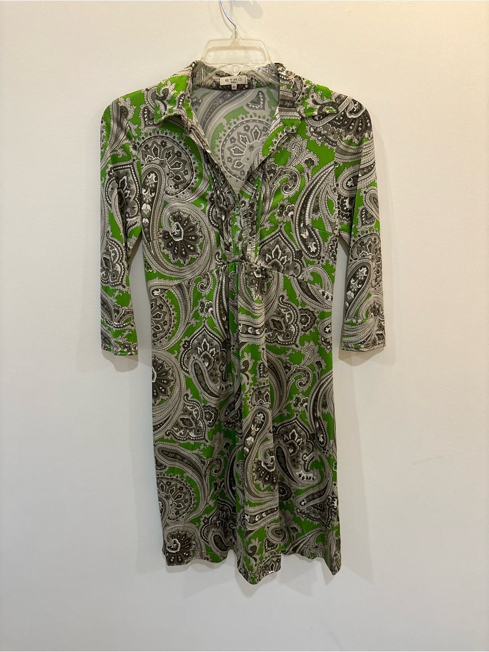 Etro Milano Paisley Print Shirt Dress Green Gray Size 40